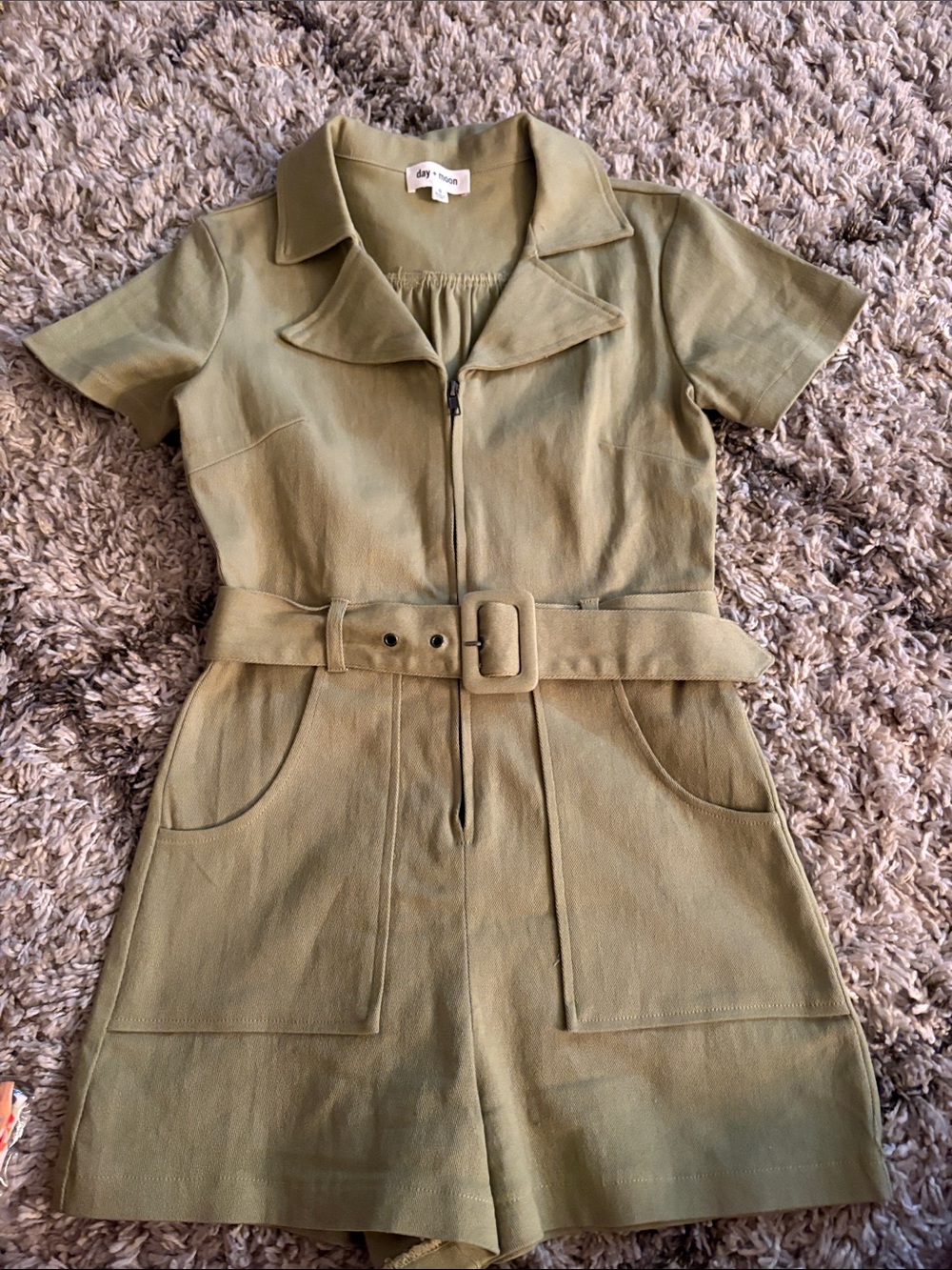 Olive Green Short-Sleeve Belted romper